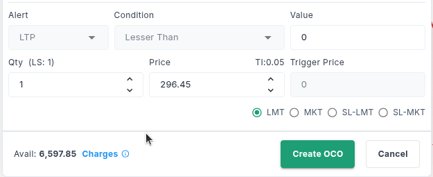 Configure OCO options window