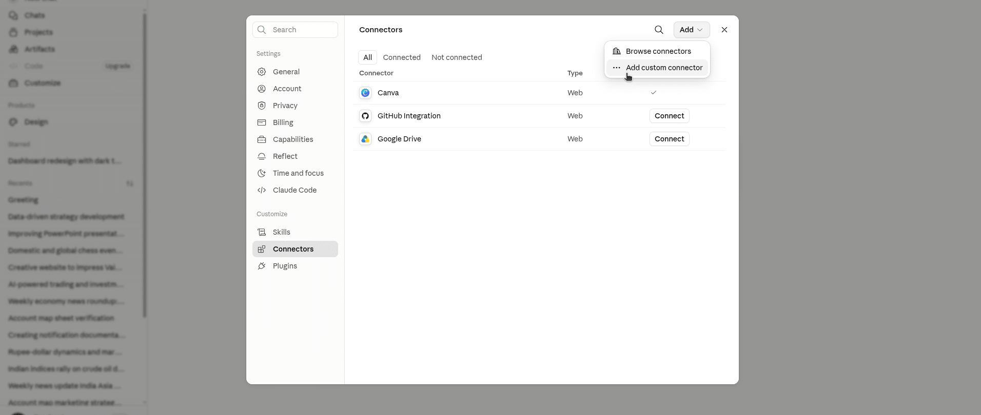Connectors configuration screen